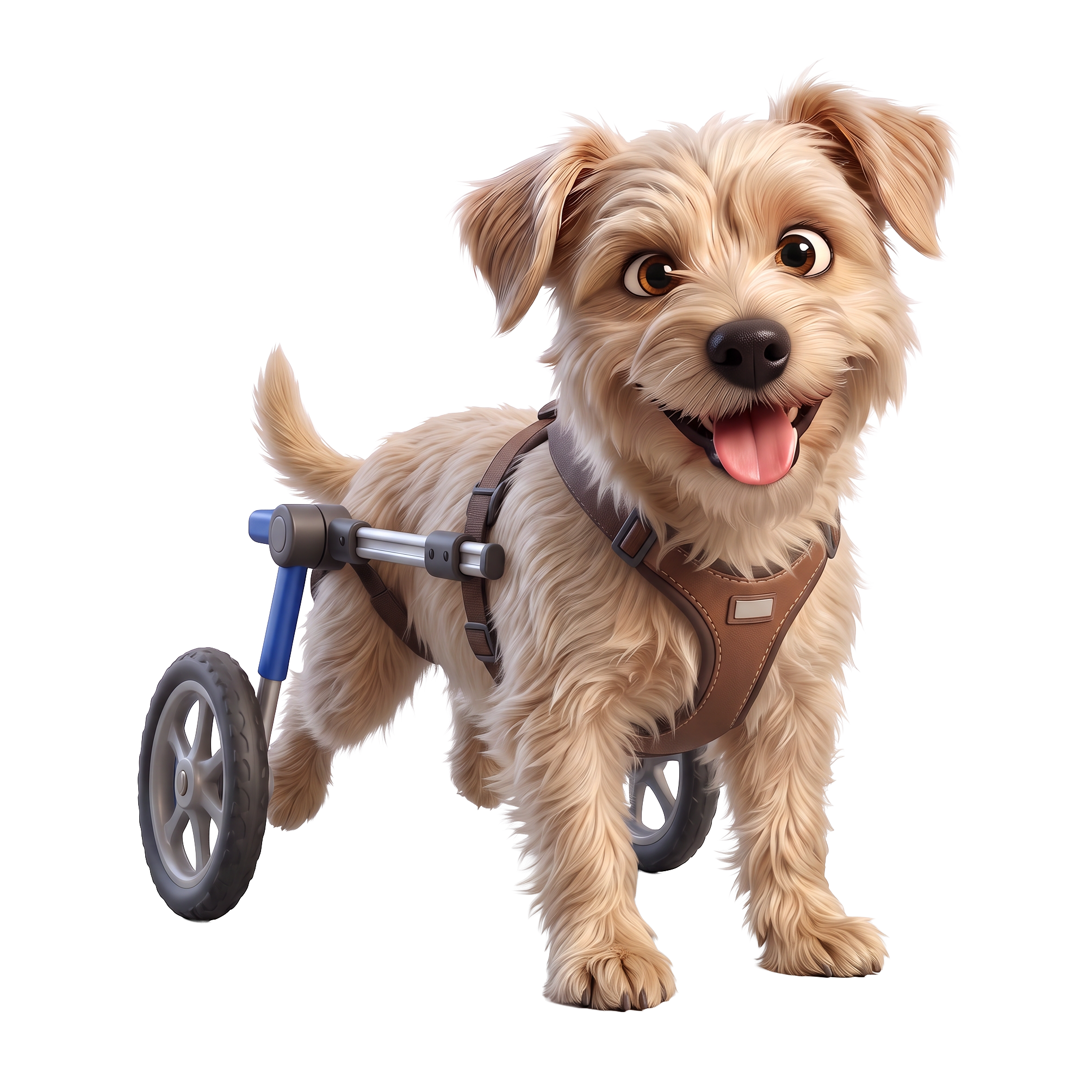 Ein Hund in einem Rollstuhl, der lachend und fröhlich aussieht.