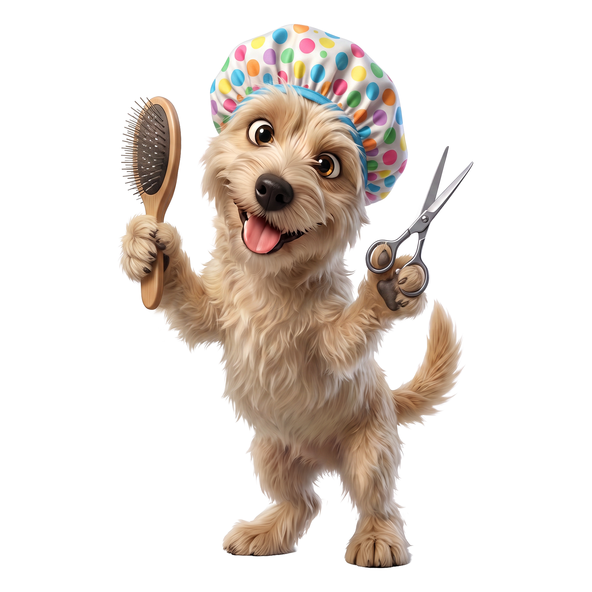 Ein niedlicher putziger Hund mit langem Fell trägt einen bunten Polka-Dunktuch und hält eine große Bürste sowie Schere, bereit zum Friseur.