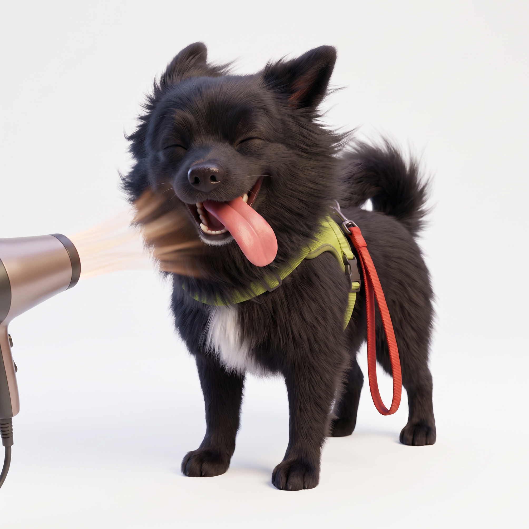Ein glücklicher Hund mit schwarzem und braunem Fell trägt ein gelbes Hundegeschirr und sitzt auf einem weißen Hintergrund, während eine Person einen Föhn in der Nähe hat.