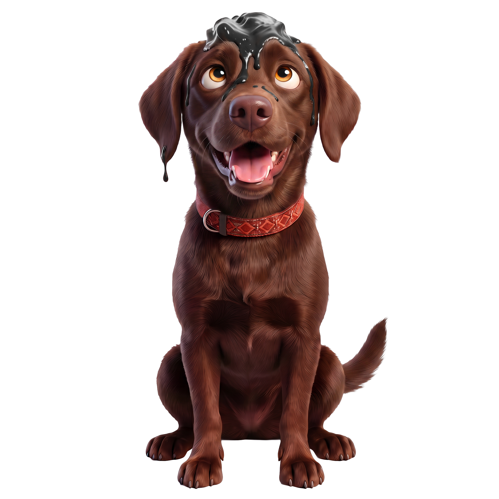 Digitaler Hund mit braitem Fell, sitzend und mit offenem Maul, trägt einen roten Halsband, hat schwarze Schleim- oder Schokoladenspur auf dem Kopf.