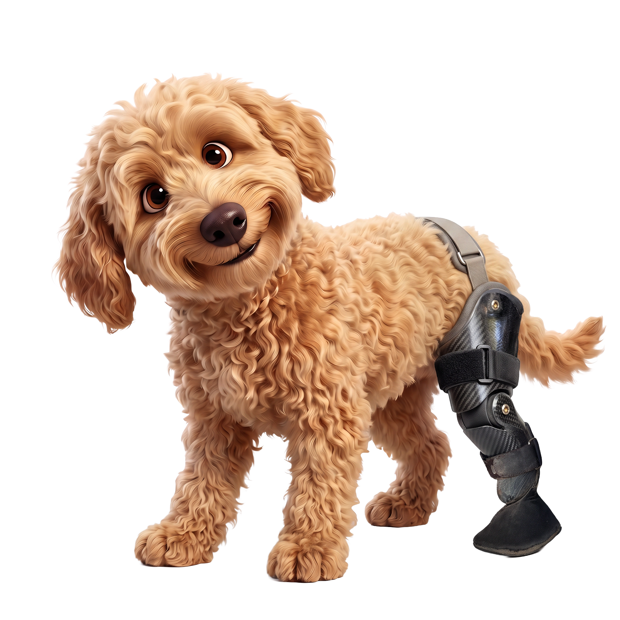 Ein niedlicher Hund mit lockigem, goldenem Fell liegt auf einem weißen Hintergrund. Ein menschlicher Fuß in einem schwarzen Stiefel ist an der rechten Seite sichtbar, mit einem Rollstuhlriemen um den Unterschenkel.