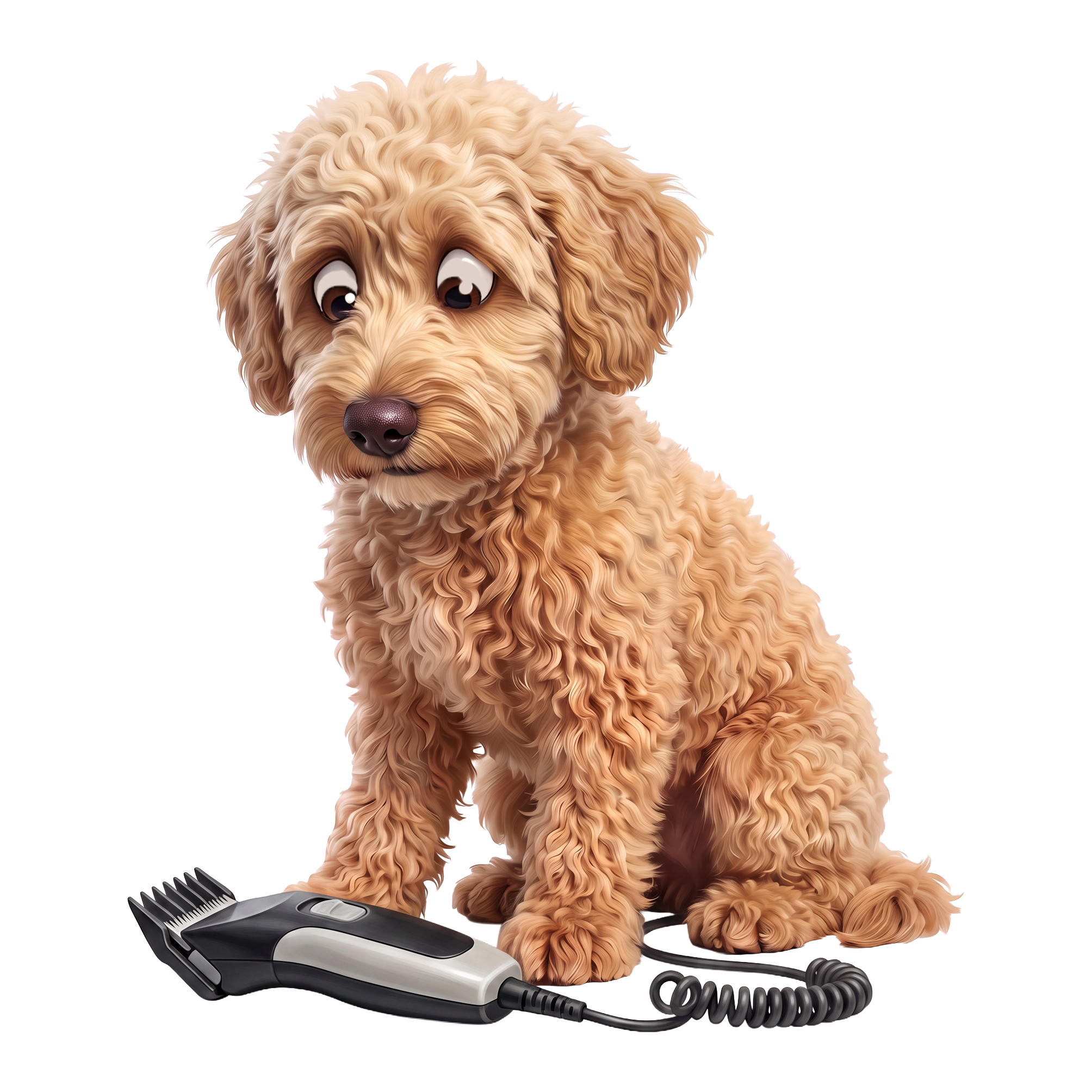 Ein niedlicher, verspielter Hund mit lockigem, hellbraunem Fell sitzt neben einem elektrischen Haarschneider und einem Handhaarschneider.