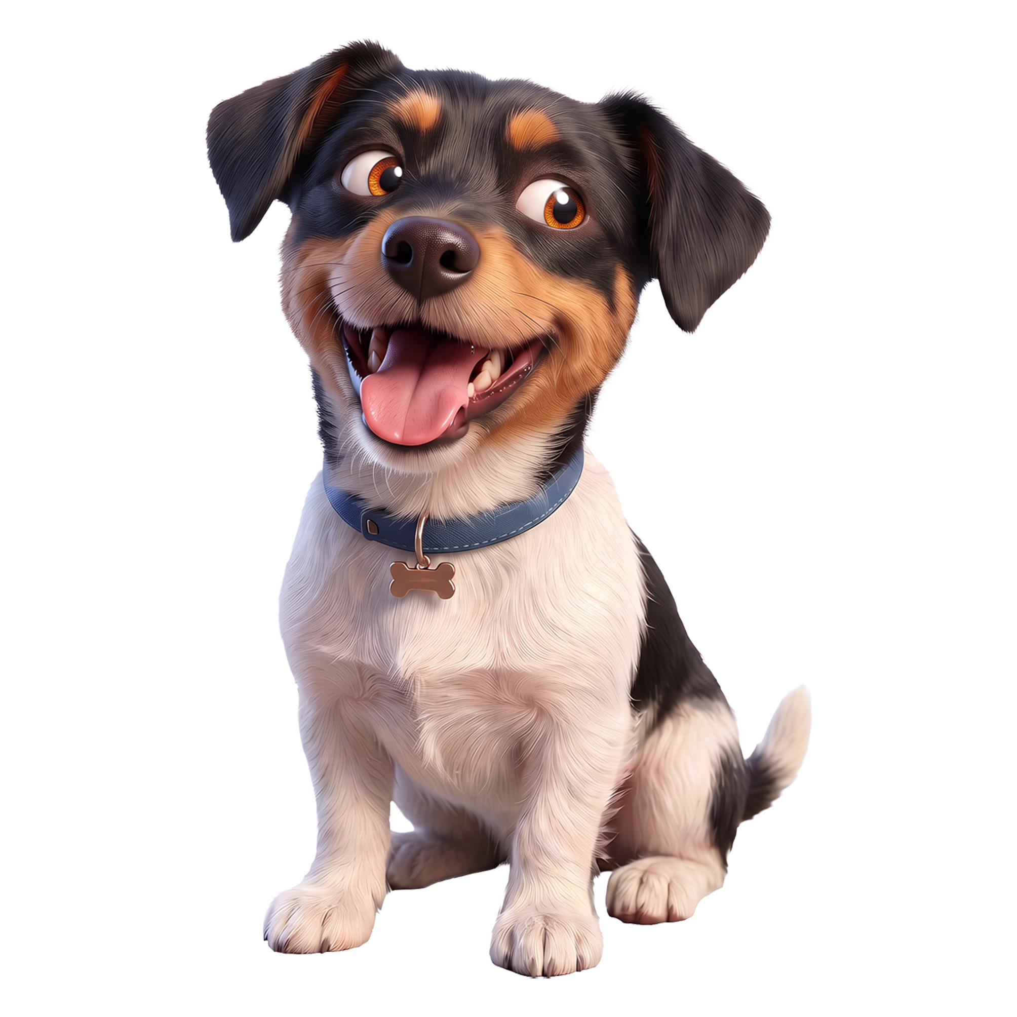 Ein digital erstelltes Bild eines niedlichen Hundes, der sitzt, mit braunen Augen, schwarz-braunem Fell und einer blauen Halsband.