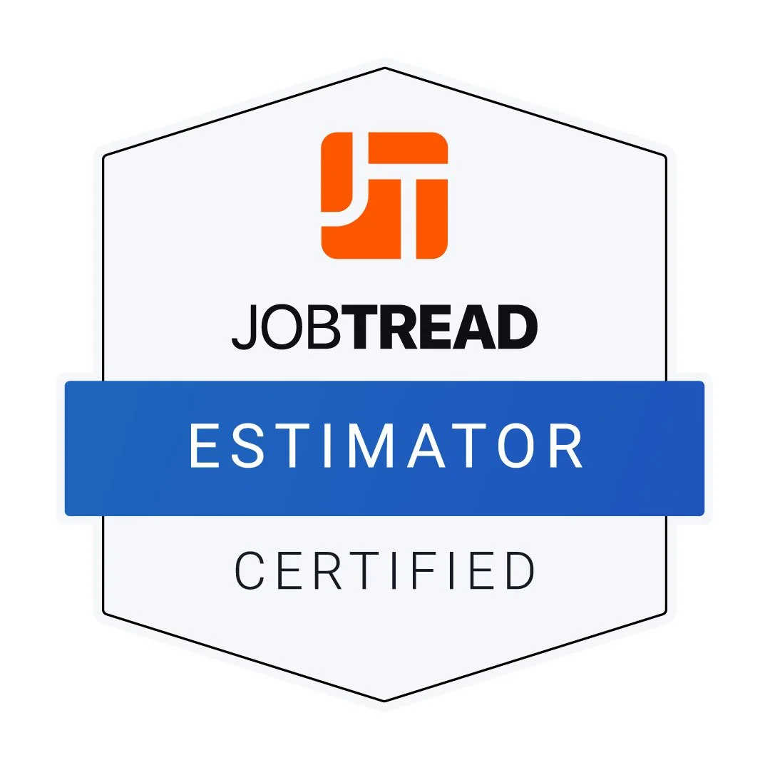 Certification badge for JobTread Estimator, showing a stylized orange logo, with black and white text, and a blue banner reading 'Estimator'.