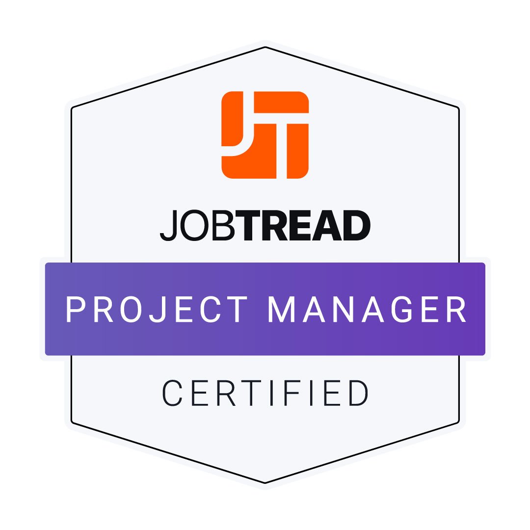 A badge with the JobTread logo, labeled 'PROJECT MANAGER,' and marked as certified.