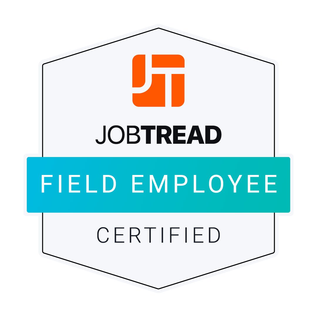 JobTread certification badge for field employees in hexagon shape with orange logo, black and blue text.