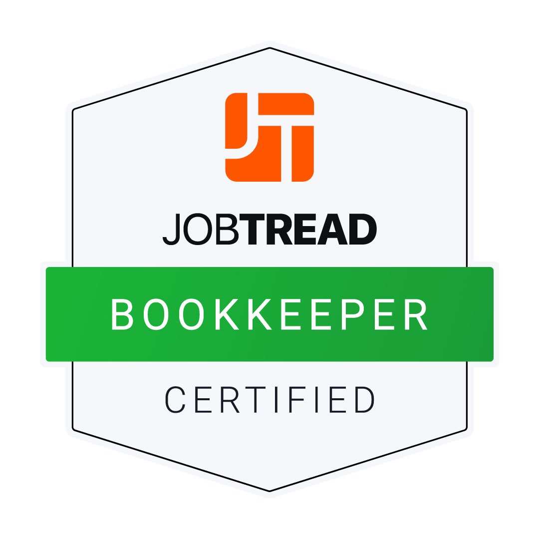 Certification badge for JobTread Bookkeeper Certified with an orange logo at the top, the word 'JOBTREAD' in black, a green band with 'BOOKKEEPER' in white, and the word 'CERTIFIED' at the bottom.