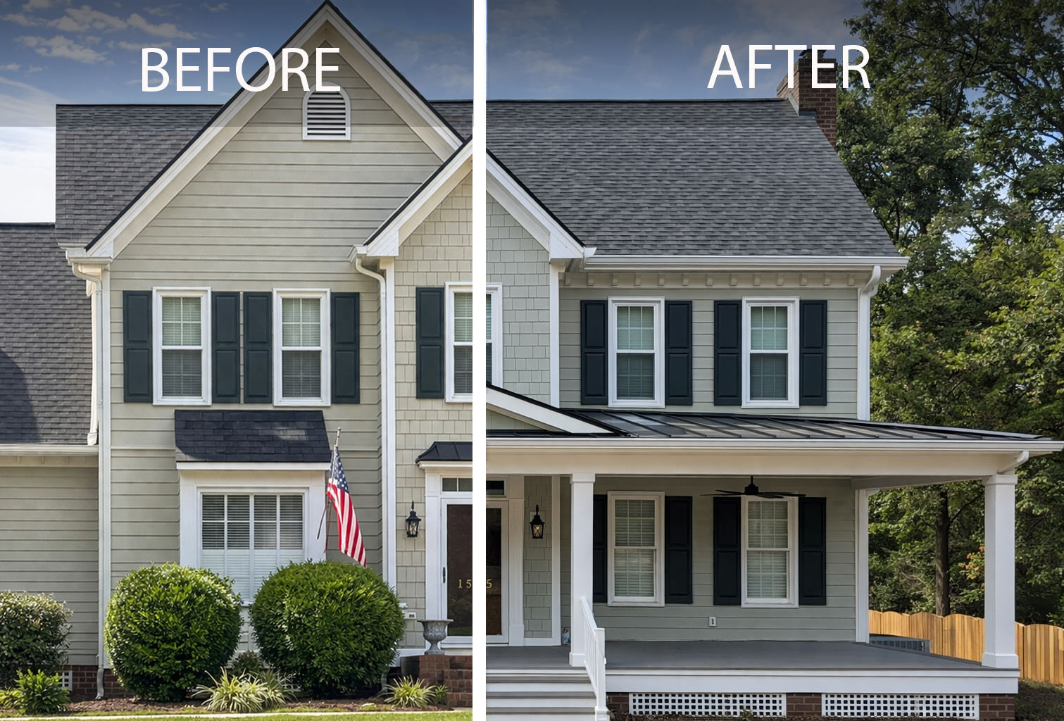 Before and after front porch remodel in Fuquay-Varina NC showing home transformation with new covered porch and updated exterior