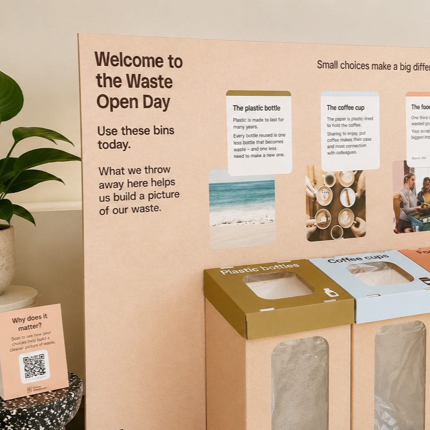 Sign explaining waste sorting at an open day event, with separate bins for plastic bottles and coffee cups, and information about reusable waste.
