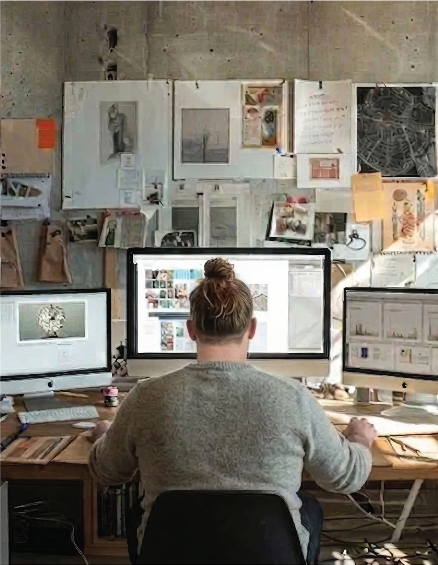 Person sitting at a desk with three computer monitors, viewed from behind. The person has short hair and is wearing a patterned sweater. The workspace is decorated with various art pieces, sketches, and photographs on the wall.