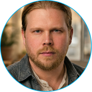 A man with light skin, blond hair, and a beard is looking directly at the camera with a serious expression. He is wearing a dark gray jacket over a light-colored shirt, with a blurred indoor background.