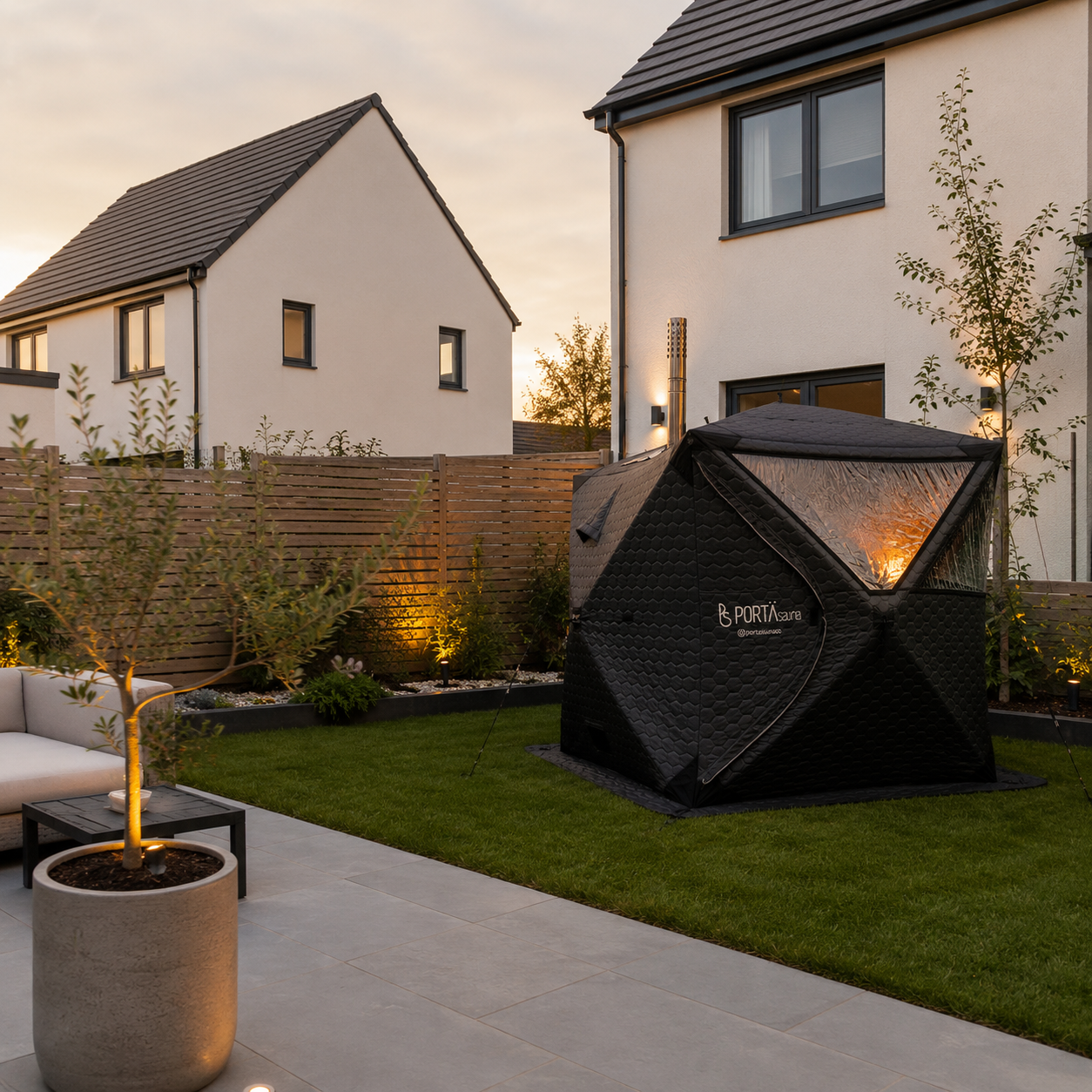A backyard patio at sunset with a modern outdoor lounge area, potted tree, and a portable sauna tent, enclosed by a wooden fence with gardens and contemporary houses in the background.