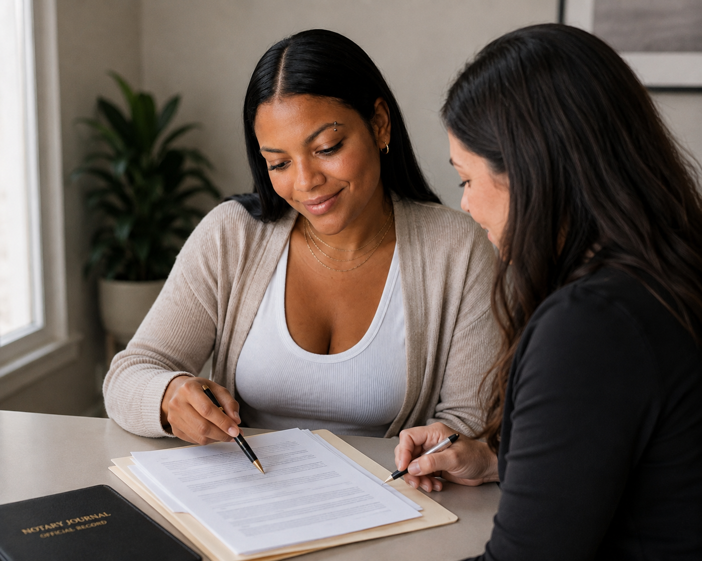 Two women sitting at a table reviewing papers, with one woman pointing at a document and the other listening attentively.