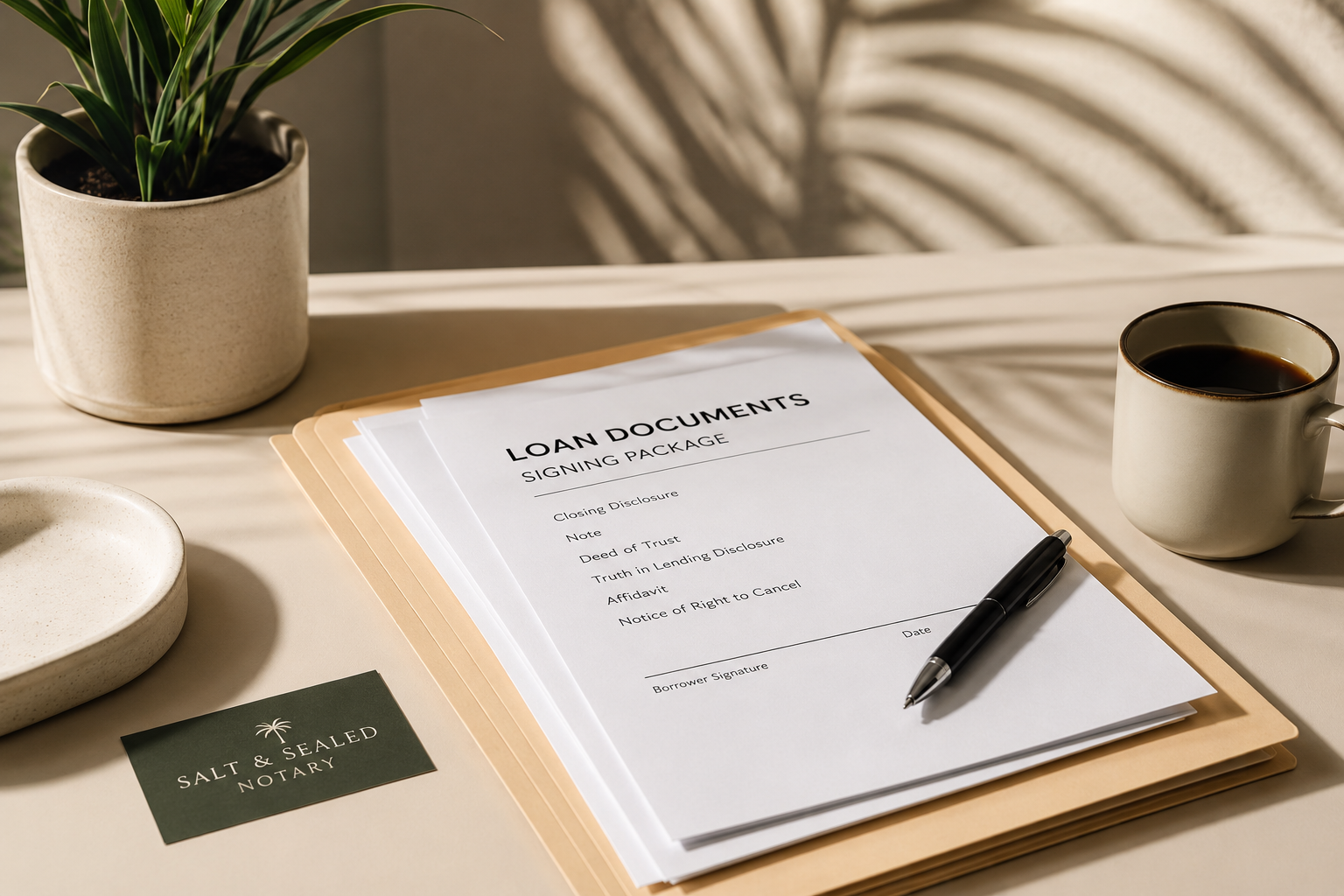 A desk with a potted plant, a stack of loan documents titled 'Loan Documents Signing Package,' a black pen, a cup of coffee, and a notary business card labeled 'Salt & Sealed Notary'.