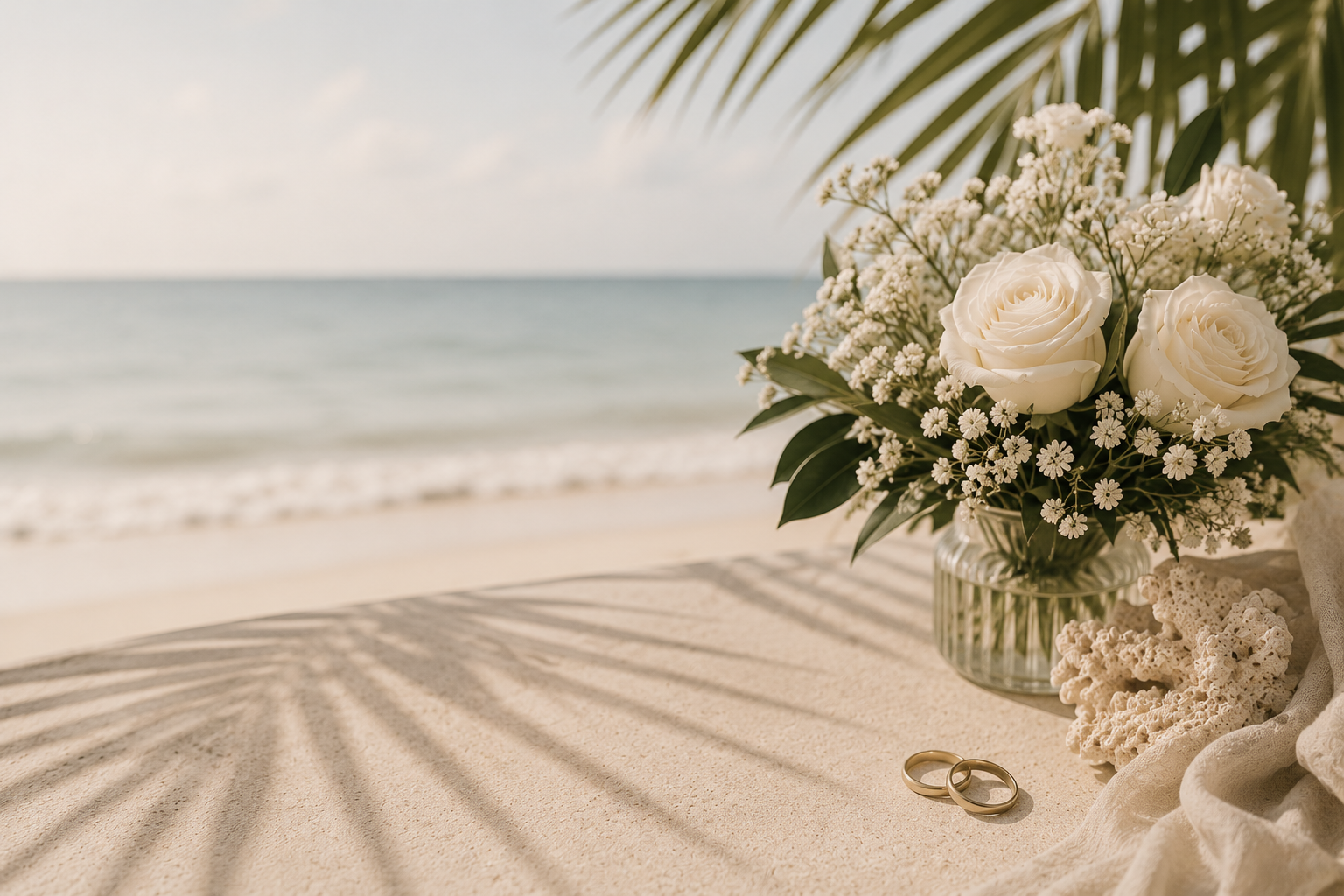 Wedding rings next to a bouquet of white roses and small white flowers on a sandy beach, with ocean and sky in the background.