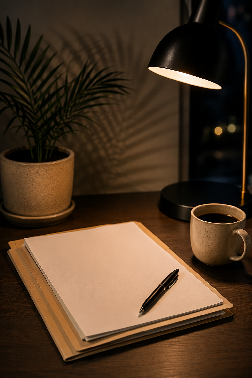 A desk with a stack of blank papers, a black pen, a coffee mug filled with coffee, a potted plant, and a desk lamp casting warm light in a cozy, dimly lit room.