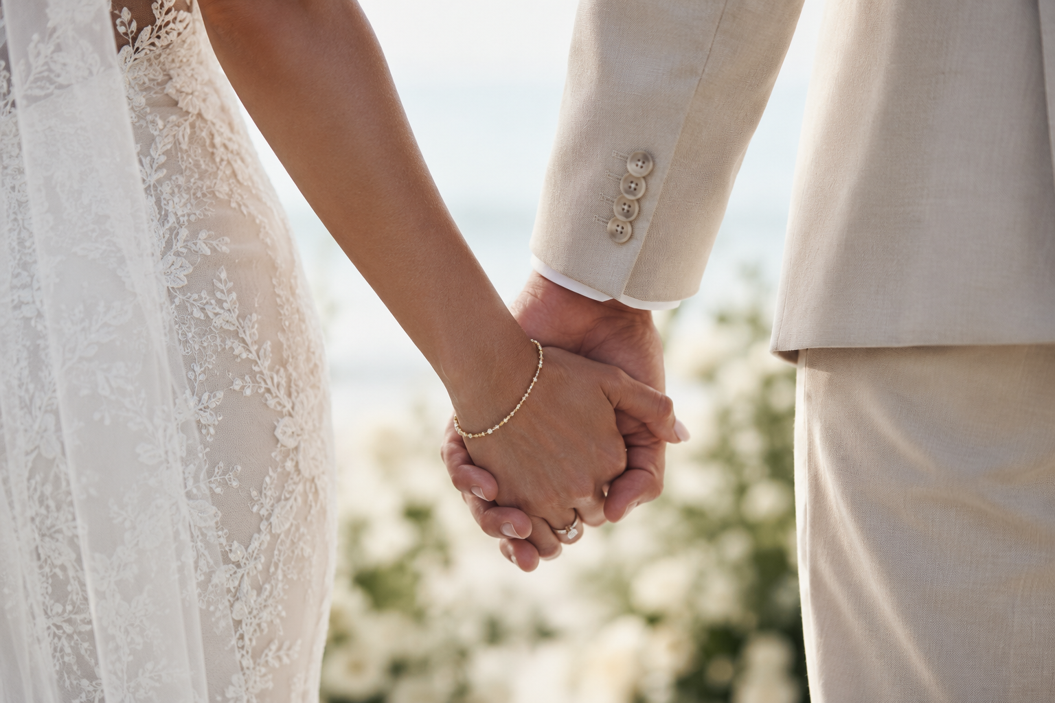Close-up of a bride and groom holding hands during a wedding ceremony, with the bride wearing a lace wedding dress and a delicate bracelet, and the groom in a light-colored suit with four buttons on the sleeve.