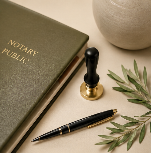 Legal notary journal, stamp, and pen on a desk with some green leaves and a ceramic vase.