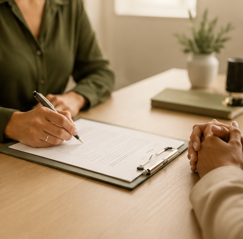 Person signing a document during a meeting or interview at a desk.