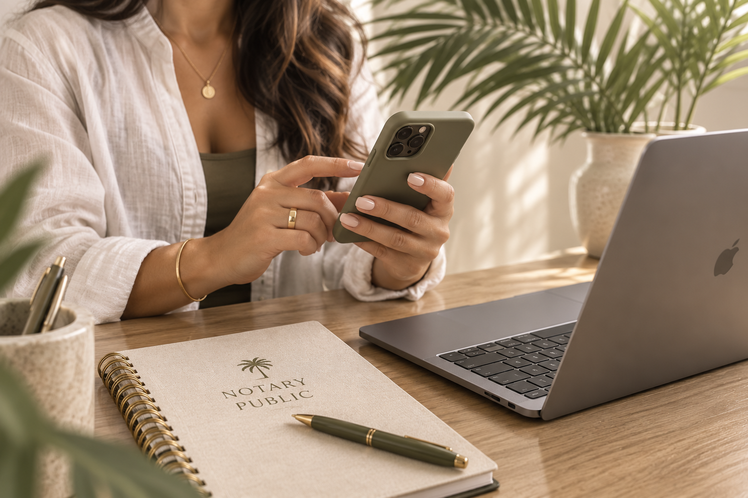 A woman sitting at a desk using a smartphone, with a notebook titled "Notary Public," a pen, a laptop, and potted plants nearby.