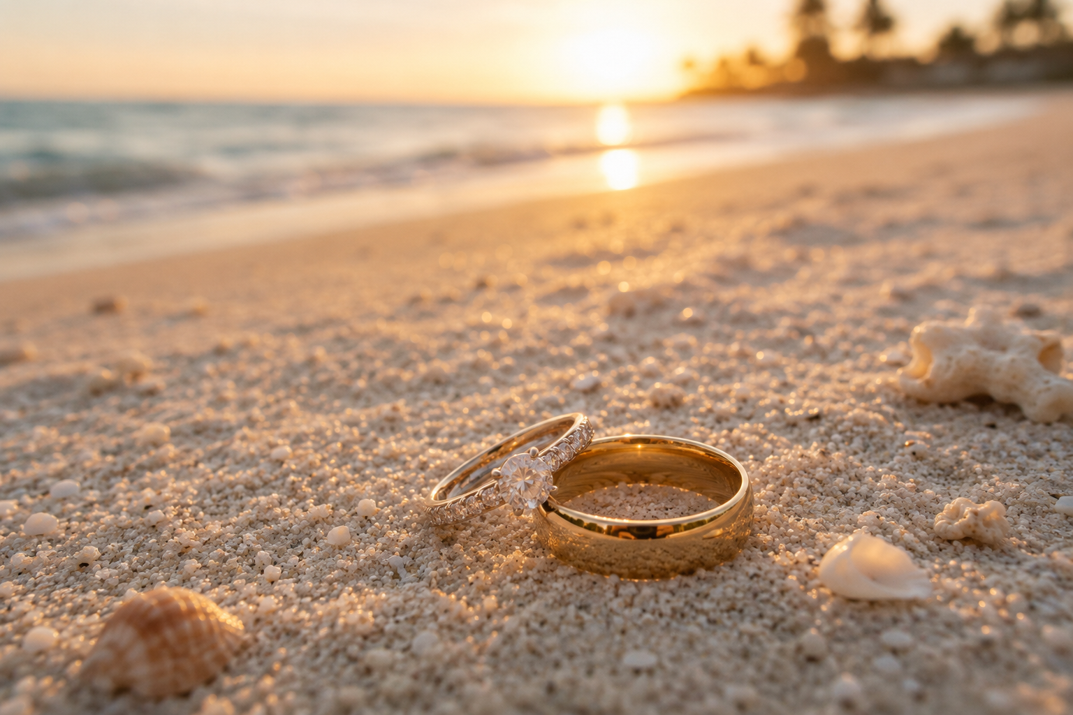 Two wedding rings resting on sandy beach with seashells at sunset, with the ocean and sunset in the background.