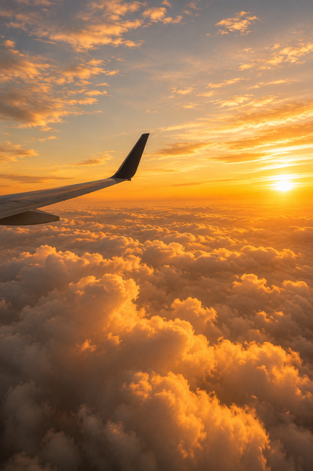 View of an airplane wing against a sunset sky with orange and yellow clouds.