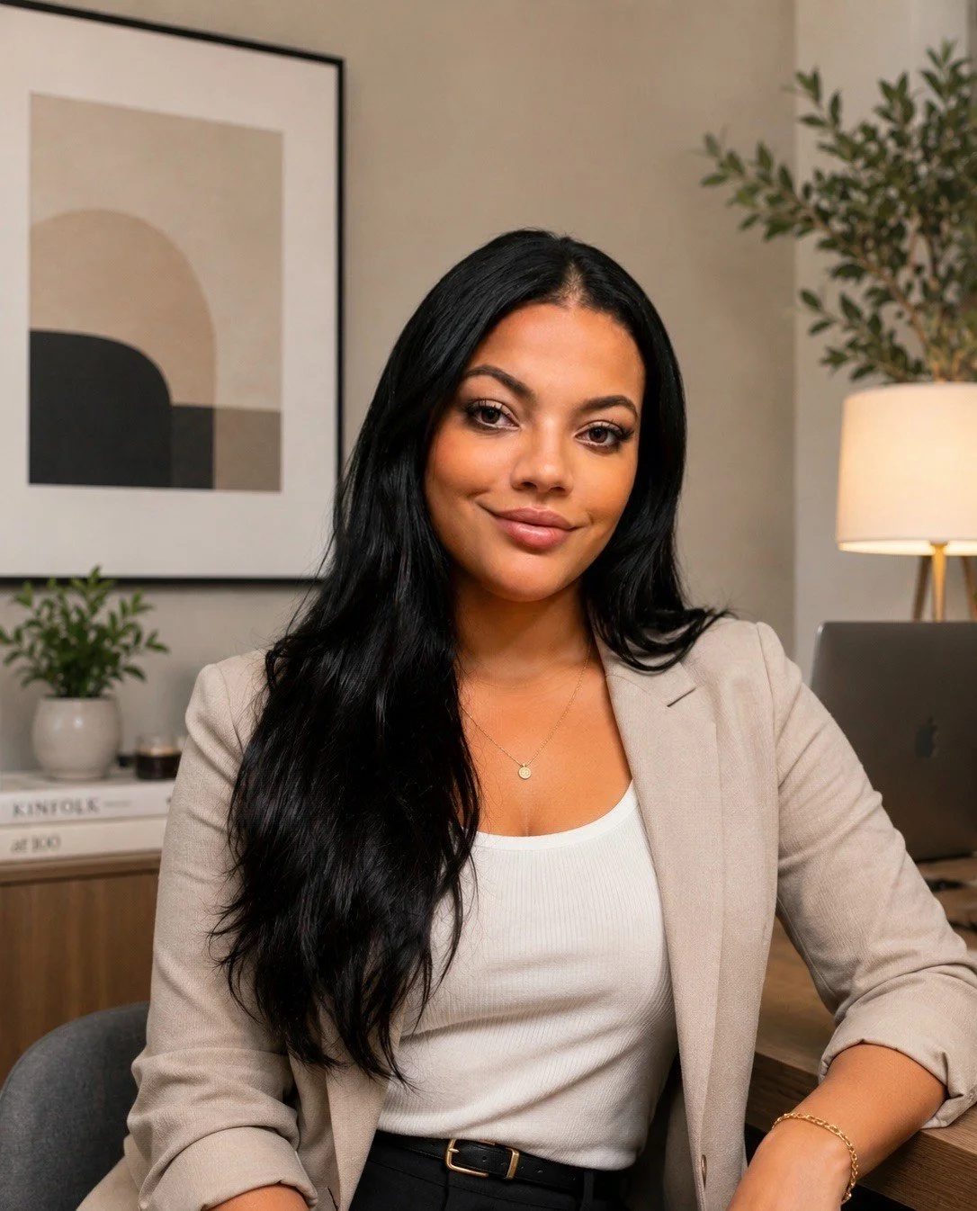 A woman with long black hair sitting at a desk in a modern office with a beige blazer and white top.