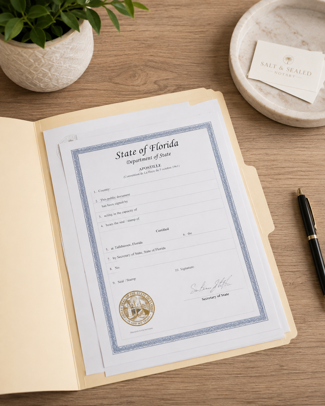A legal document titled 'State of Florida,' Department of State, Apostille, on a yellow file folder, with a black pen nearby, a plant in a textured pot, and business cards in a marble tray on a wooden desk.