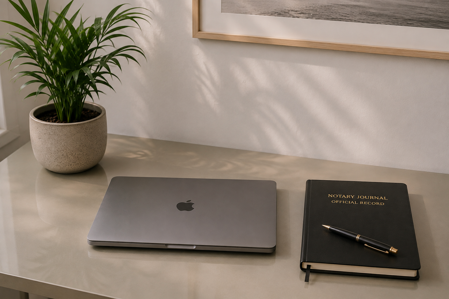 A desk with a closed MacBook laptop, a black notary journal with gold lettering and a black pen, and a potted plant, with framed artwork on the wall in the background.