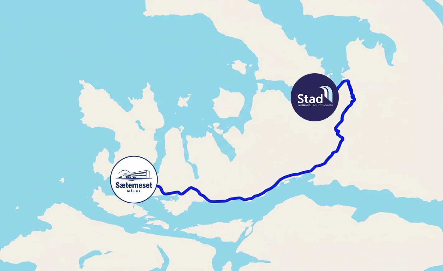 Kart som viser en reiserute fra Sæterneset, Måløy, til byen Stad, med en blå linje som symboliserer reisen over et kart av Europa.