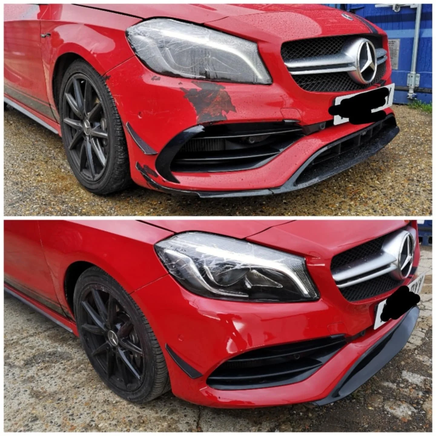 Front bumper scuff and paint transfer, fully repaired and resprayed to a flawless finish.