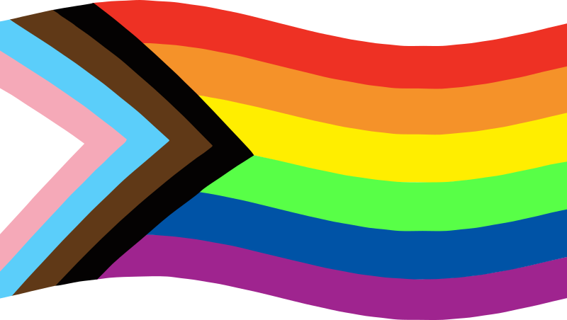 A waving Progress Pride flag featuring the classic rainbow stripes alongside an inward-pointing chevron of white, pink, light blue, brown, and black.