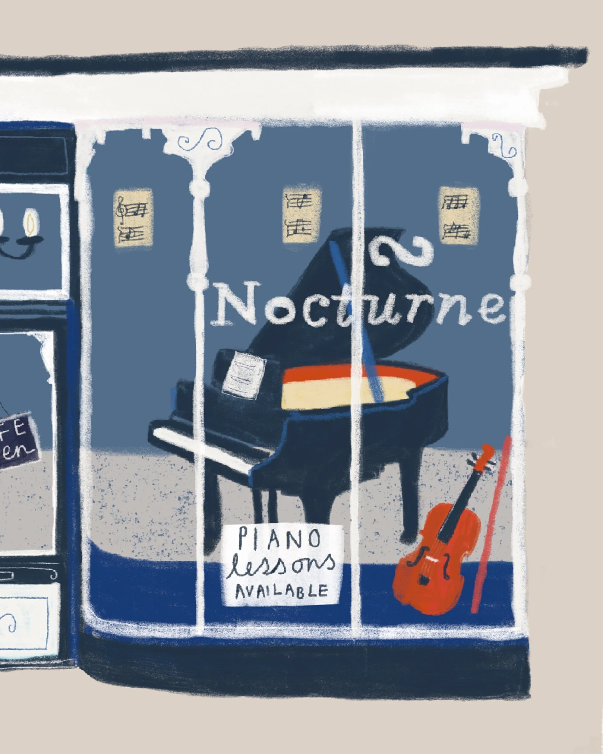 Illustration of the Nocturne cafe in Buxton featuring grand piano.