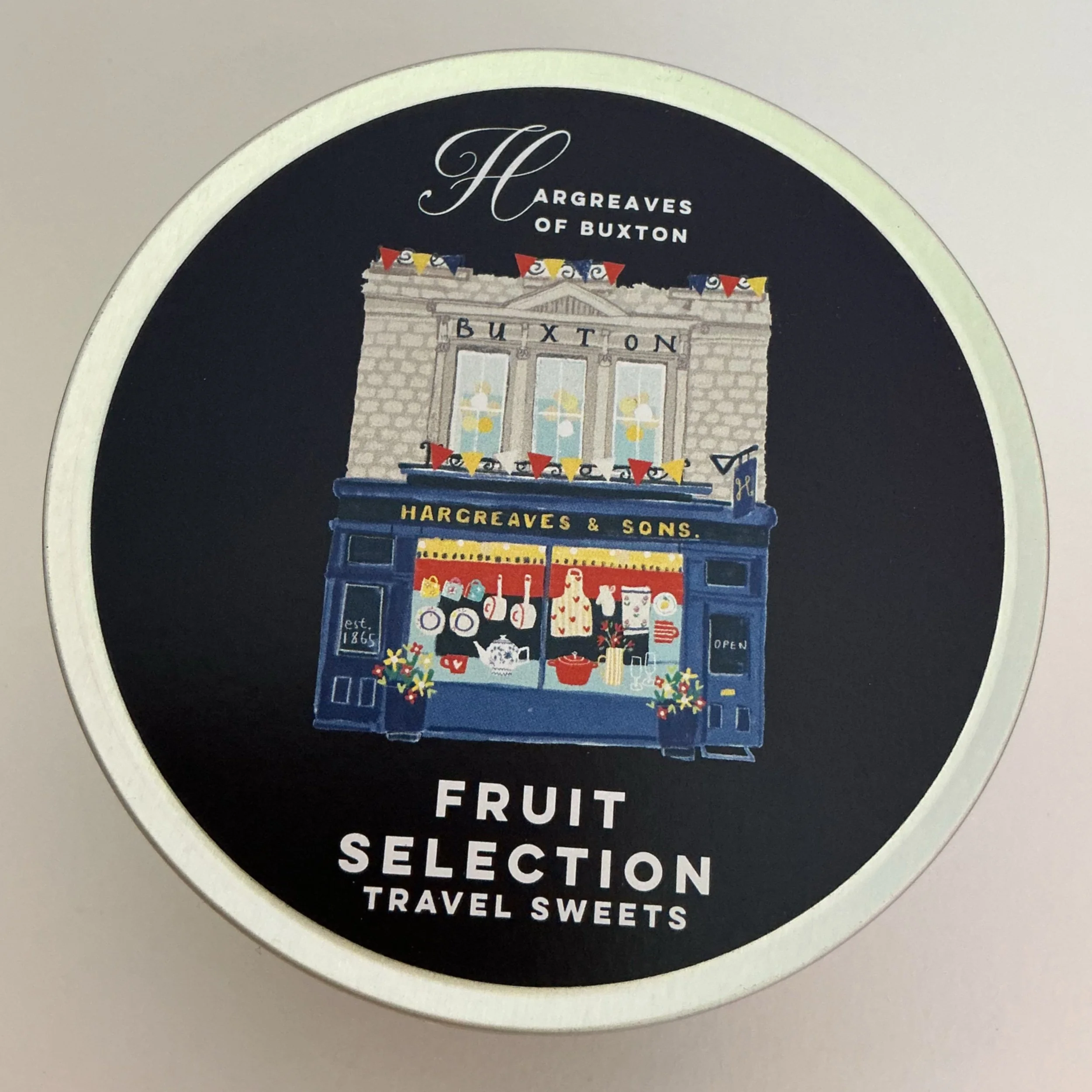 Tin of travel sweets from Hargreaves of Buxton illustrated by Kate Jenkins.