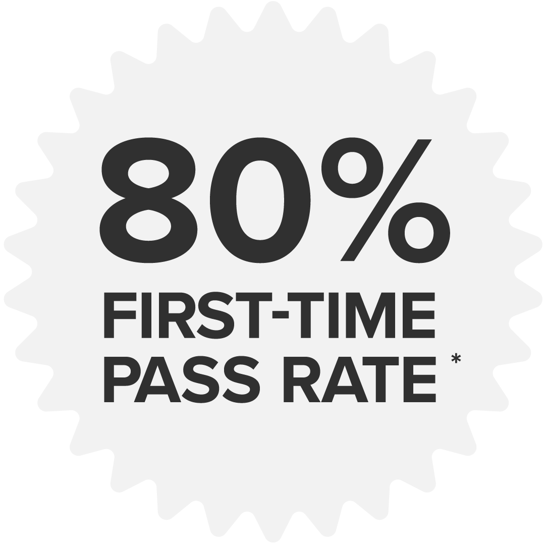 A badge displaying '80% FIRST-TIME PASS RATE'