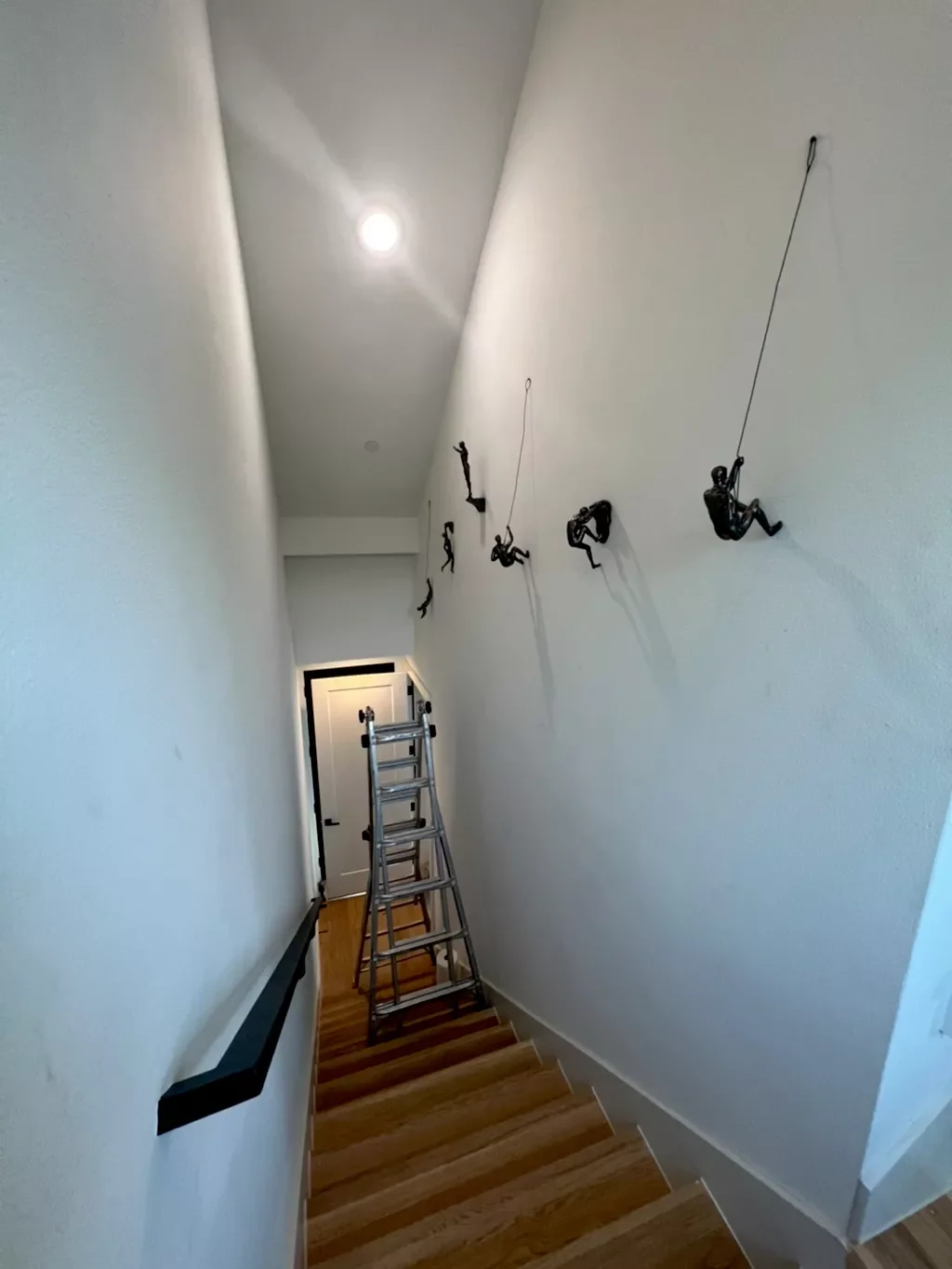 Hallway with wall-mounted climbing holds and a ladder at the bottom.