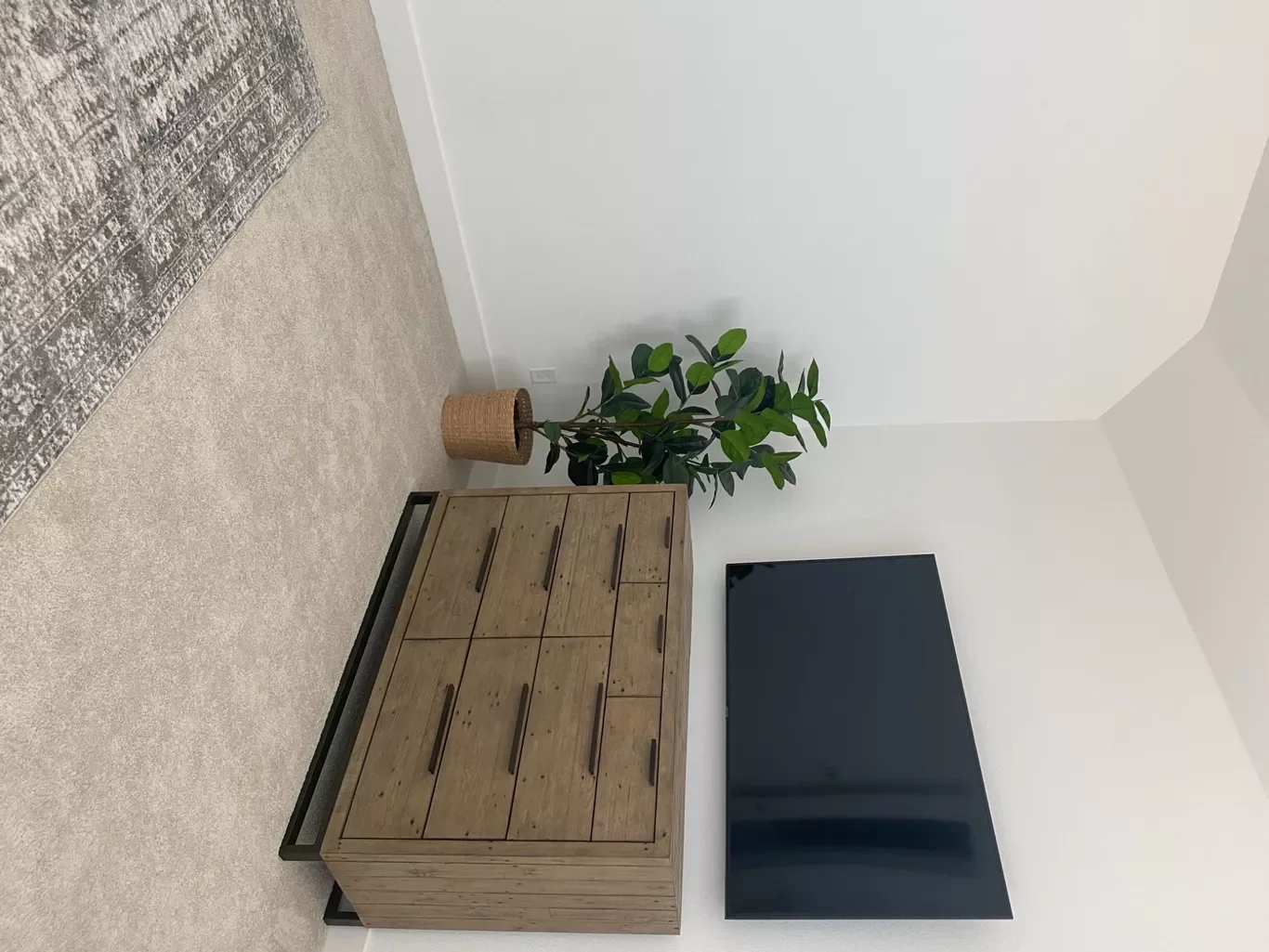 Living room corner with a flat-screen TV mounted on a white wall, a wooden dresser with multiple drawers below, a potted green plant in a woven basket, and a patterned area rug on beige carpet.