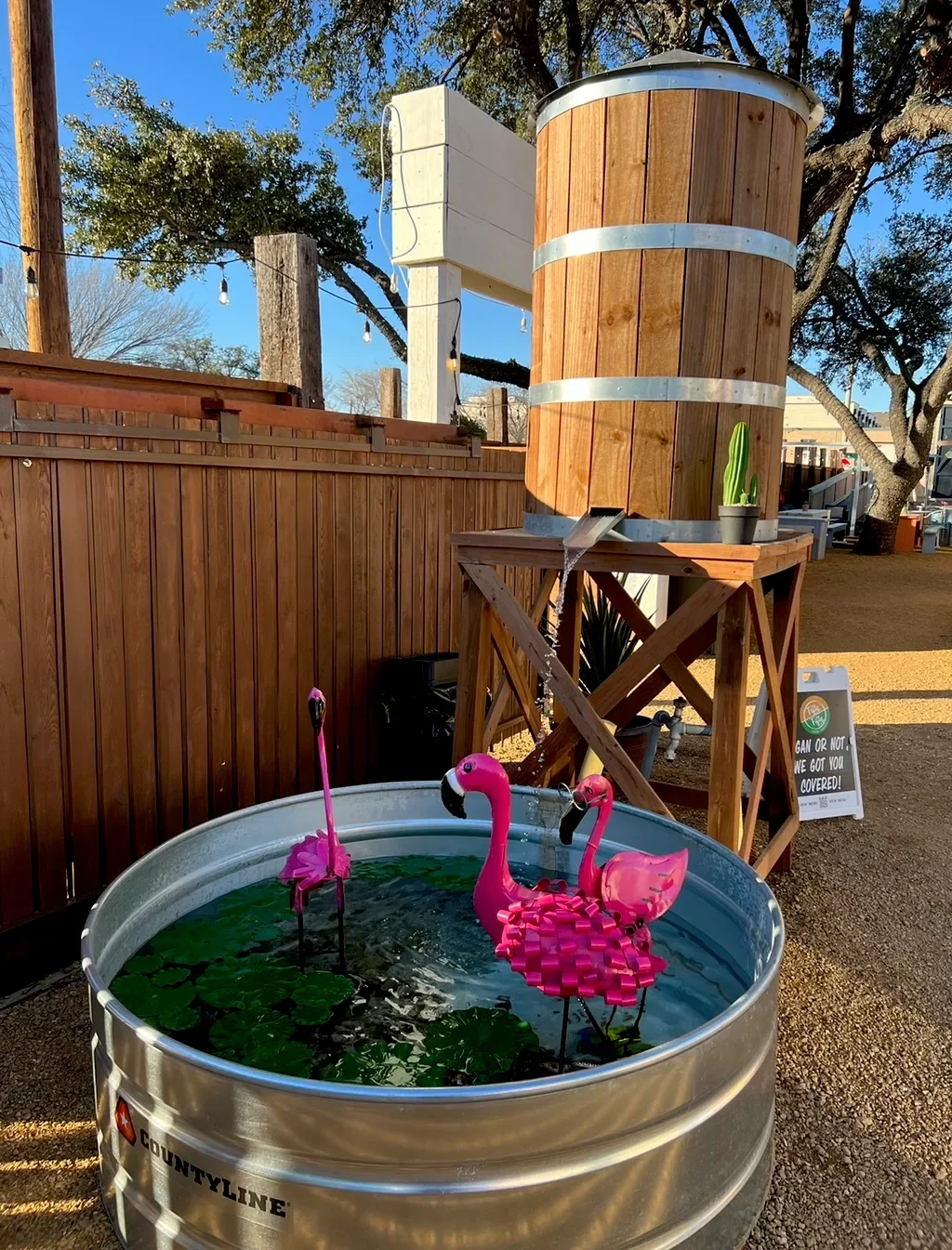 Two pink plastic flamingo yard decorations in a metal tub filled with water and lily pads. The tub is outdoors next to a wooden fence and a wooden water tower, with a cactus in a pot on a nearby table.
