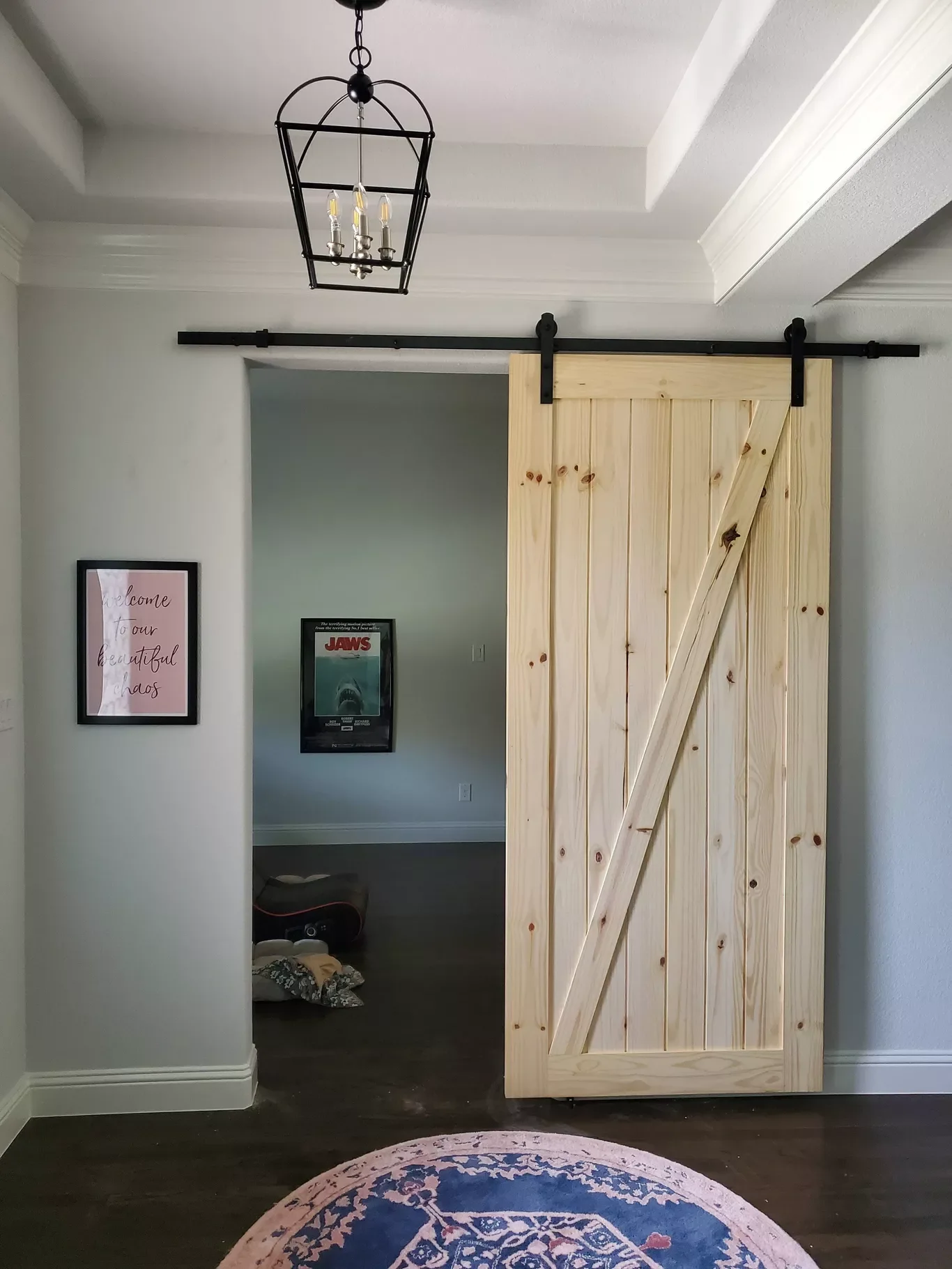 A partially open sliding barn door made of light wood on a black metal track, revealing a room with framed posters on the wall, a guitar case on the floor, and a pink and blue rug on dark hardwood flooring.