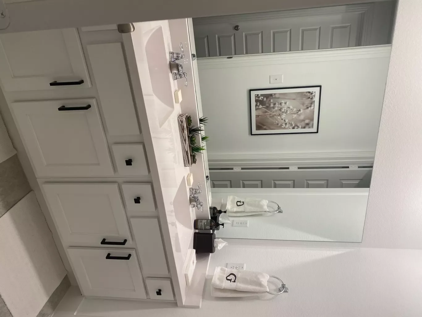 A bathroom vanity with a large mirror, white cabinets, and a double sink with chrome faucets. The countertop has toiletries, a soap dispenser, and a small plant. A framed picture of flowers hangs on the wall, and there are two towel rings with towels