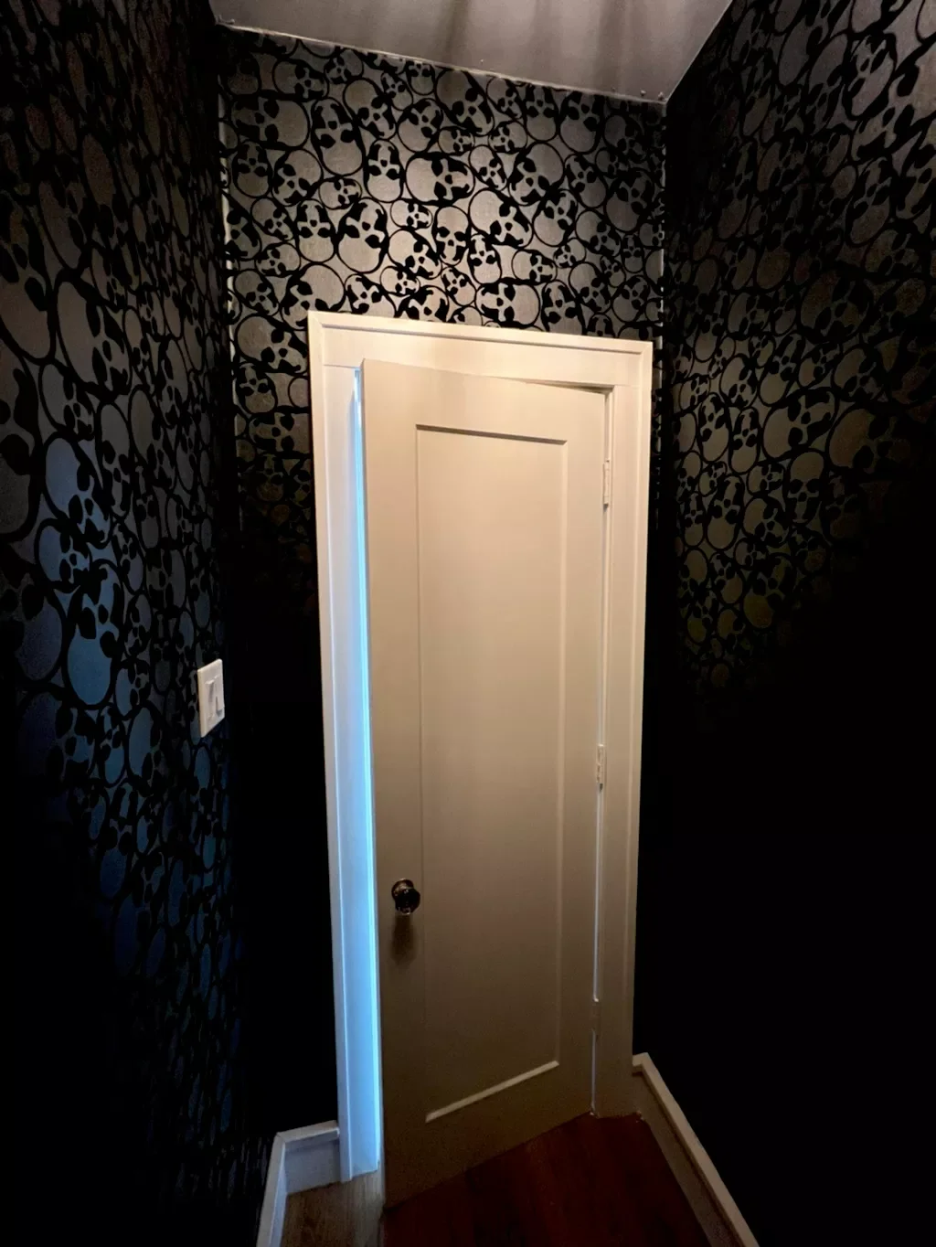 A white door partially open in a narrow hallway with black wallpaper featuring a pattern of skulls and repeated skull designs.