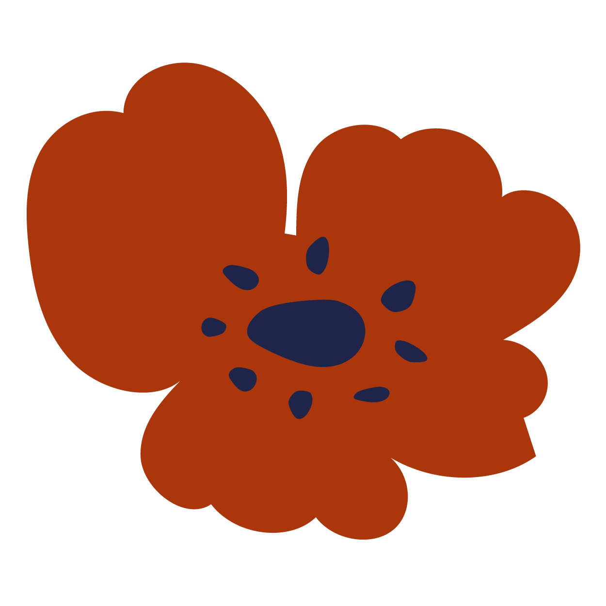 Een illustratie van een grote, oranje bloem met donkerblauwe stamper en meeldraden.