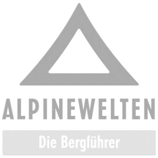 Logo mit einem stilisierten Berg und dem Text "ALPINEWELTEN" darunter, sowie der Slogan "Die Bergführer".