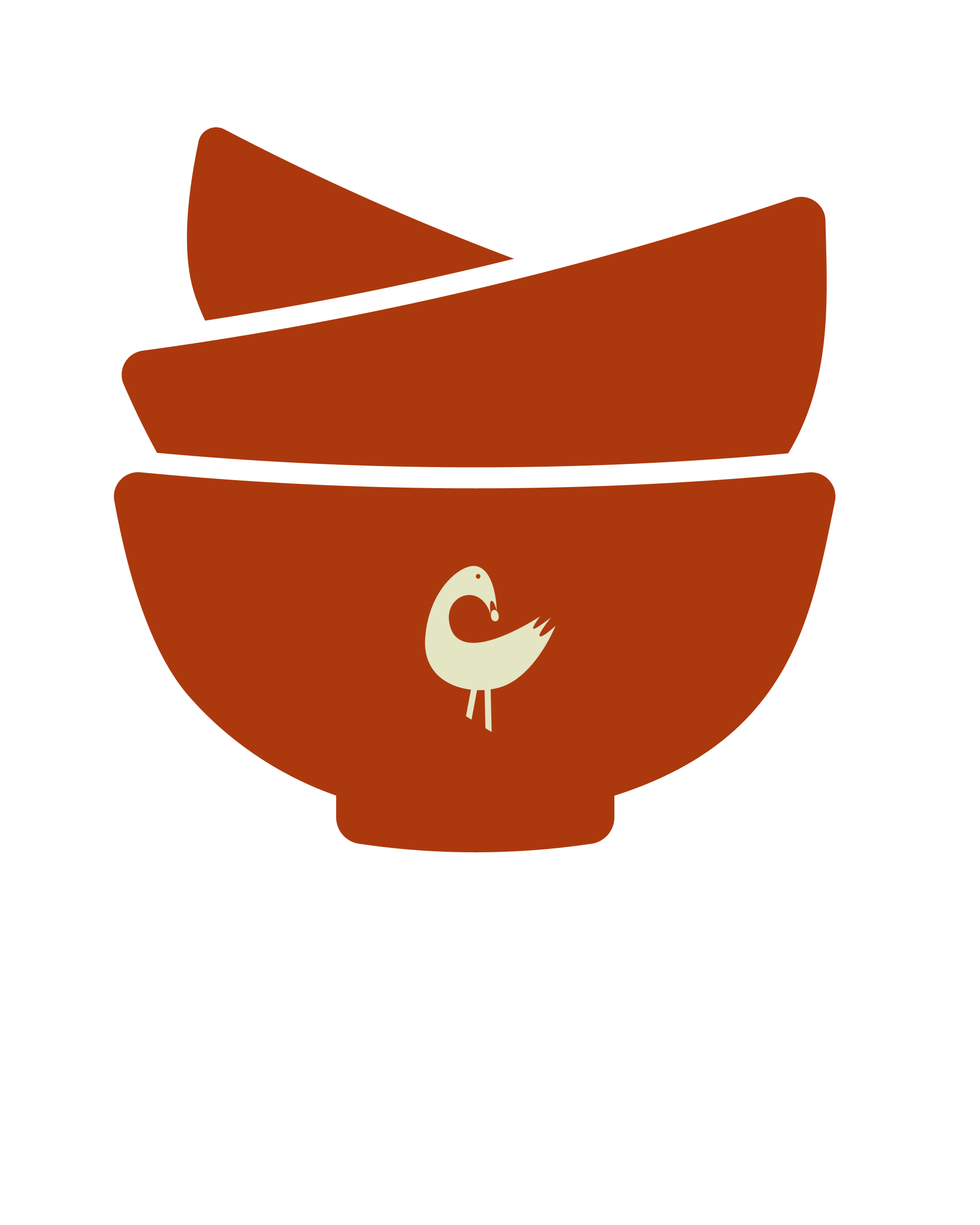 A brown food bowl featuring a prominent white Sankofa bird logo on the front, filled with fresh West African food, with some garnish slightly spilling onto the surface.