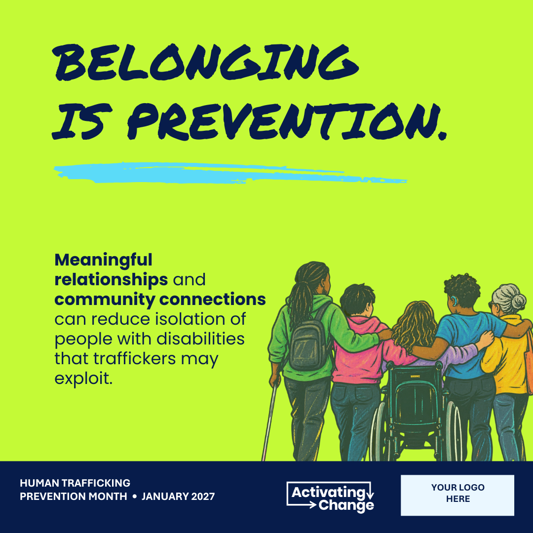 Lime-green graphic showing five people, including wheelchair and cane users, standing together. Text emphasizes how community connections reduce isolation.
