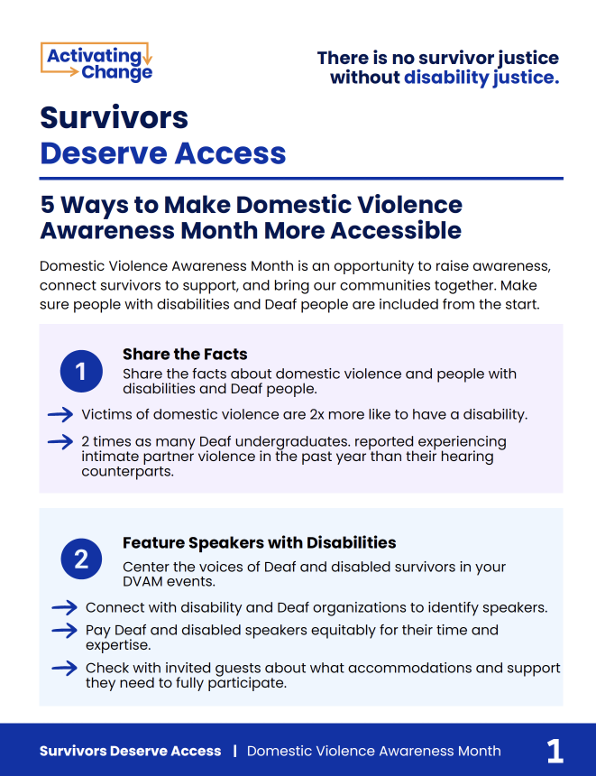 Thumbnail image of the first page of "Survivors Deserve Access: 5 Ways to Make Domestic Violence Awareness Month More Accessible."