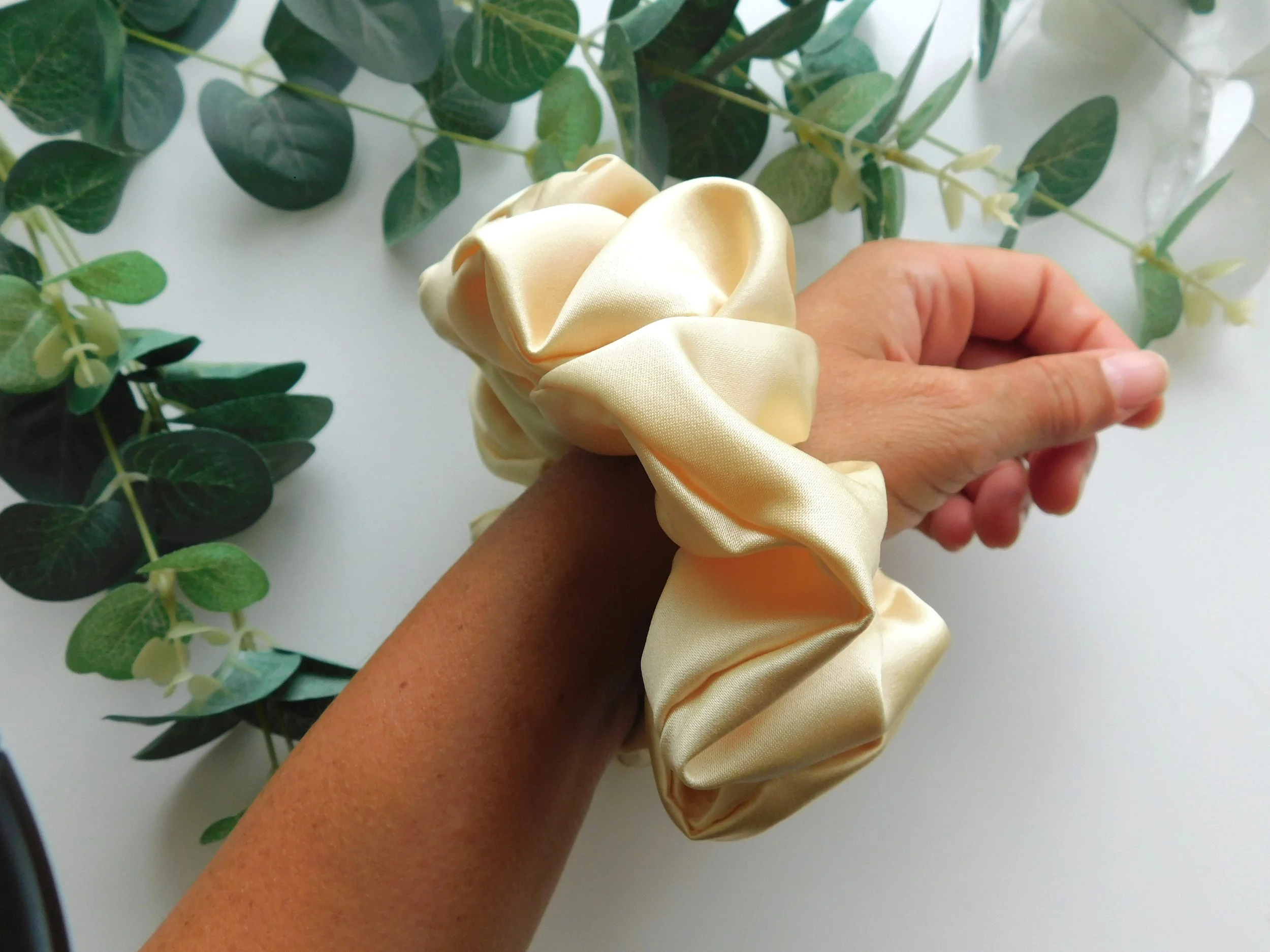 2 Butter Yellow Duchess Satin Plush Scrunchie.JPG