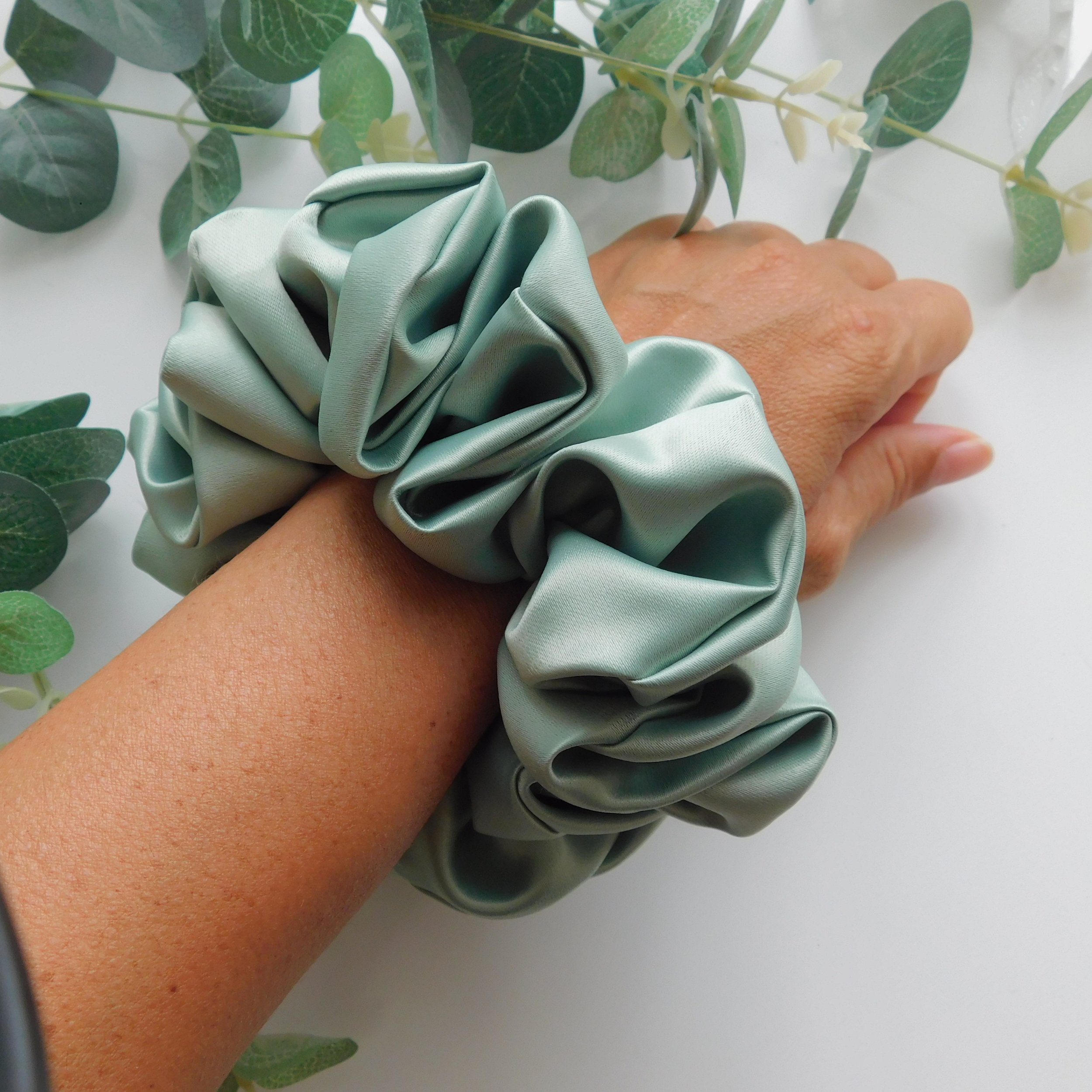 3 Sage Green Duchess Satin Plush Scrunchie Hair Accessorie.JPG