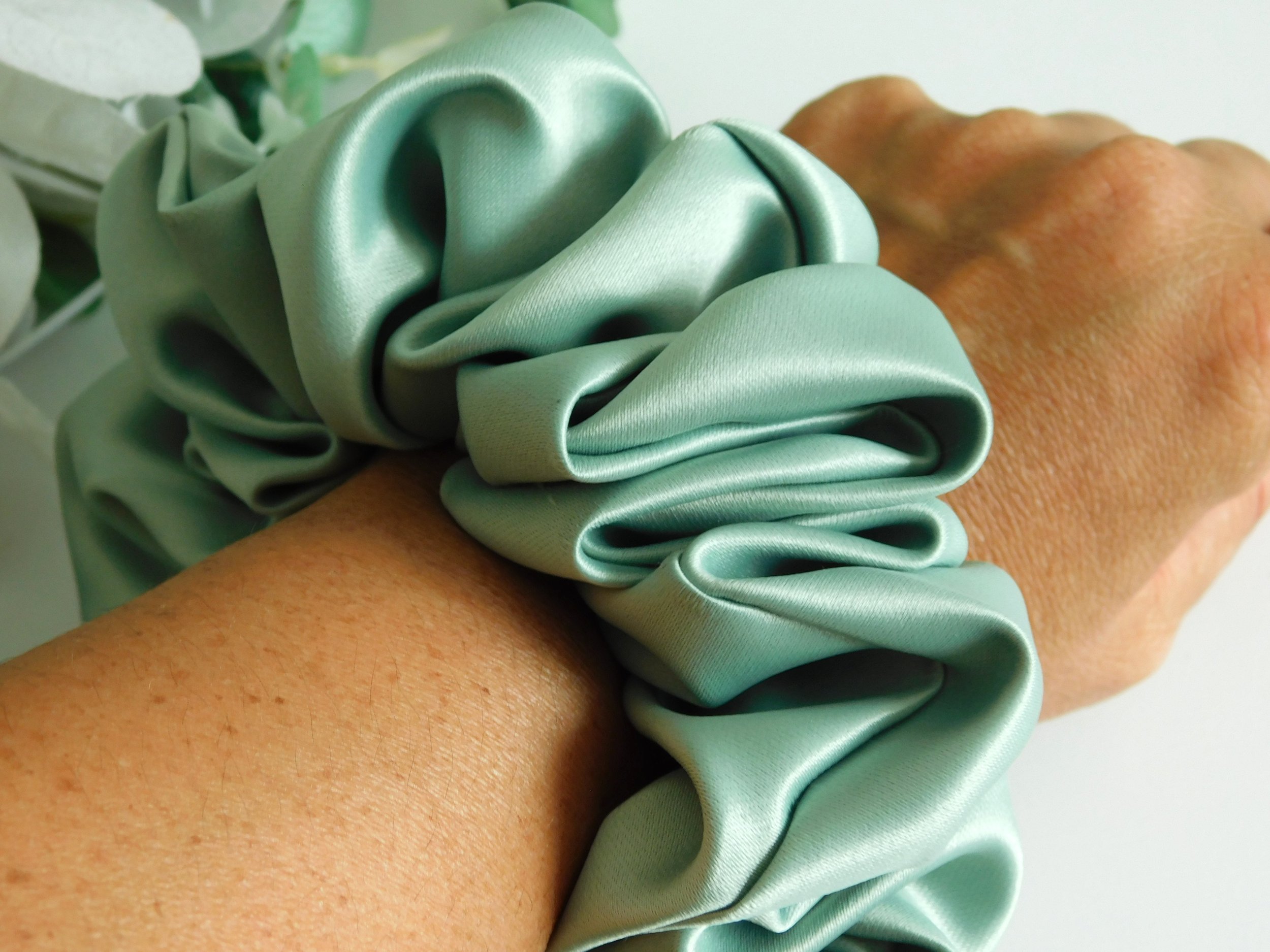 5 Sage Green Duchess Satin Plush Scrunchie Hair Accessorie.JPG