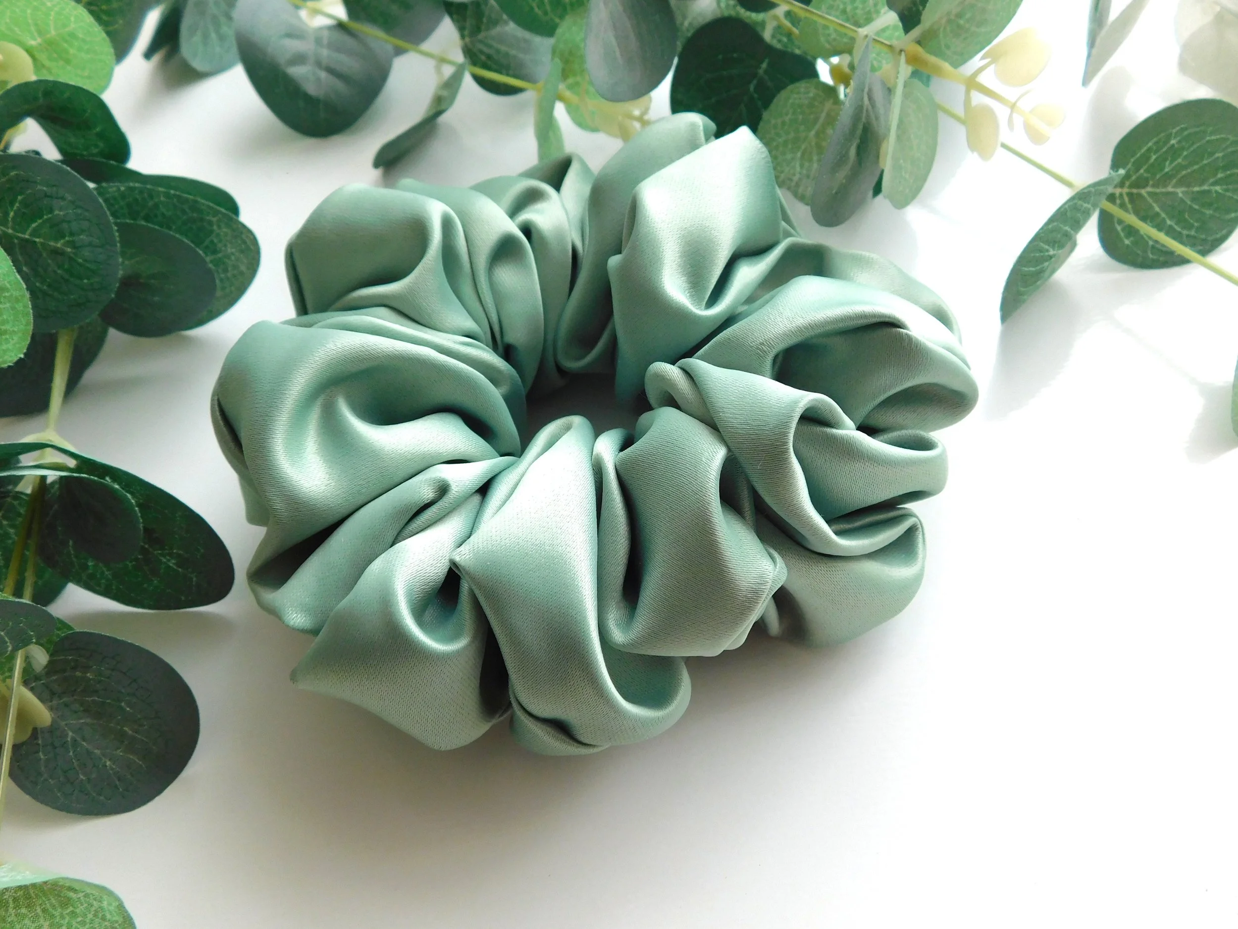 2 Sage Green Duchess Satin Plush Scrunchie Hair Accessorie.JPG